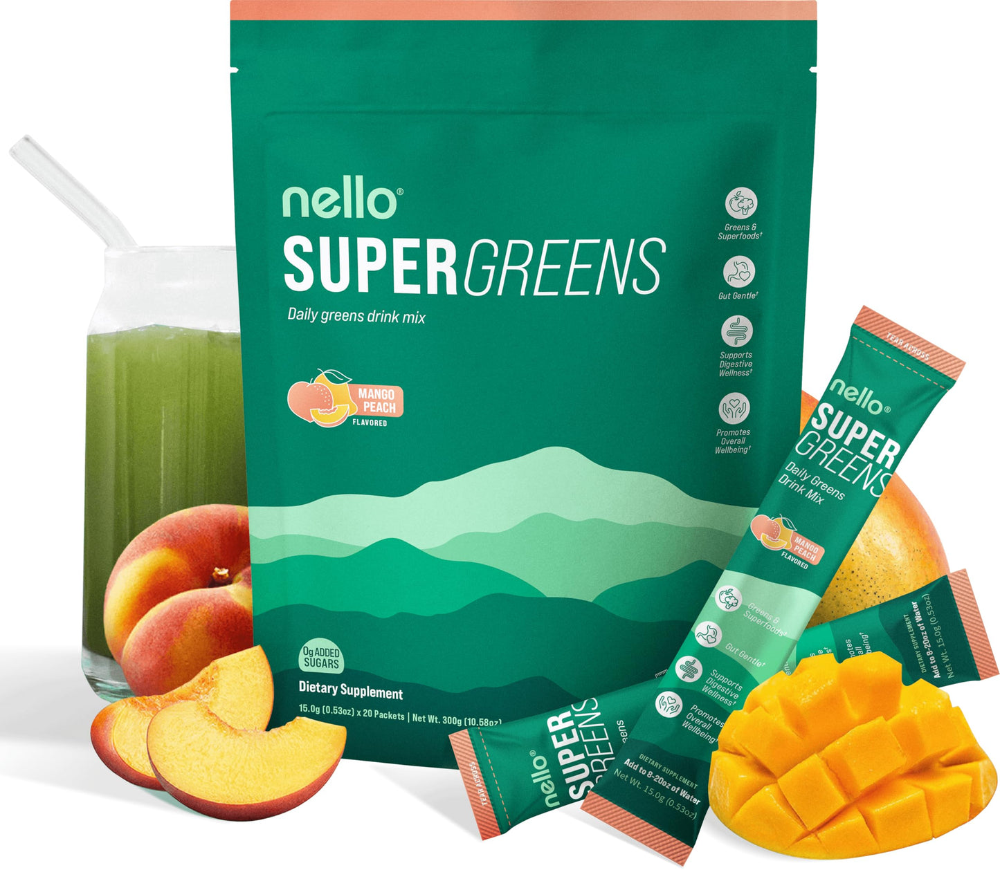 Nello Supergreens Premium Greens Drink Mix – Mango Peach, 20 Servings, Travel Pack