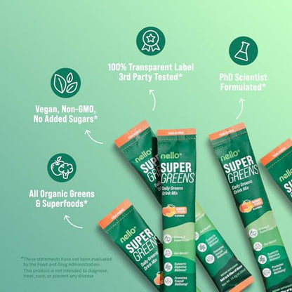 Nello Supergreens Premium Greens Drink Mix – Mango Peach, 20 Servings, Travel Pack
