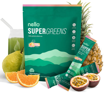 Nello Supergreens Premium Greens Drink Mix with Chlorella, Moringa, Spinach & Probiotics – Orange Travel Pack (20 Servings)