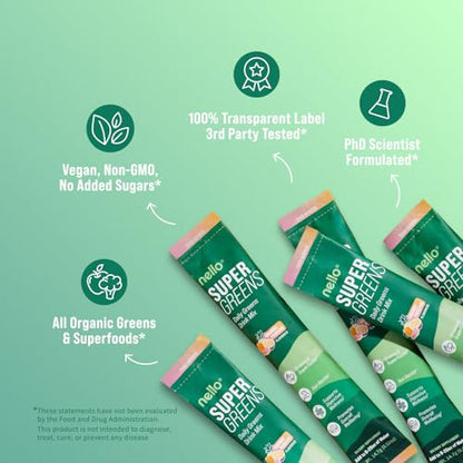 Nello Supergreens Premium Greens Drink Mix with Chlorella, Moringa, Spinach & Probiotics – Orange Travel Pack (20 Servings)