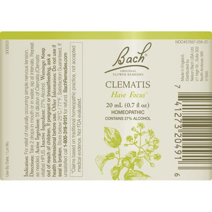 Bach Clematis Have Focus - Original Flower Remedies | 20mL Dropper