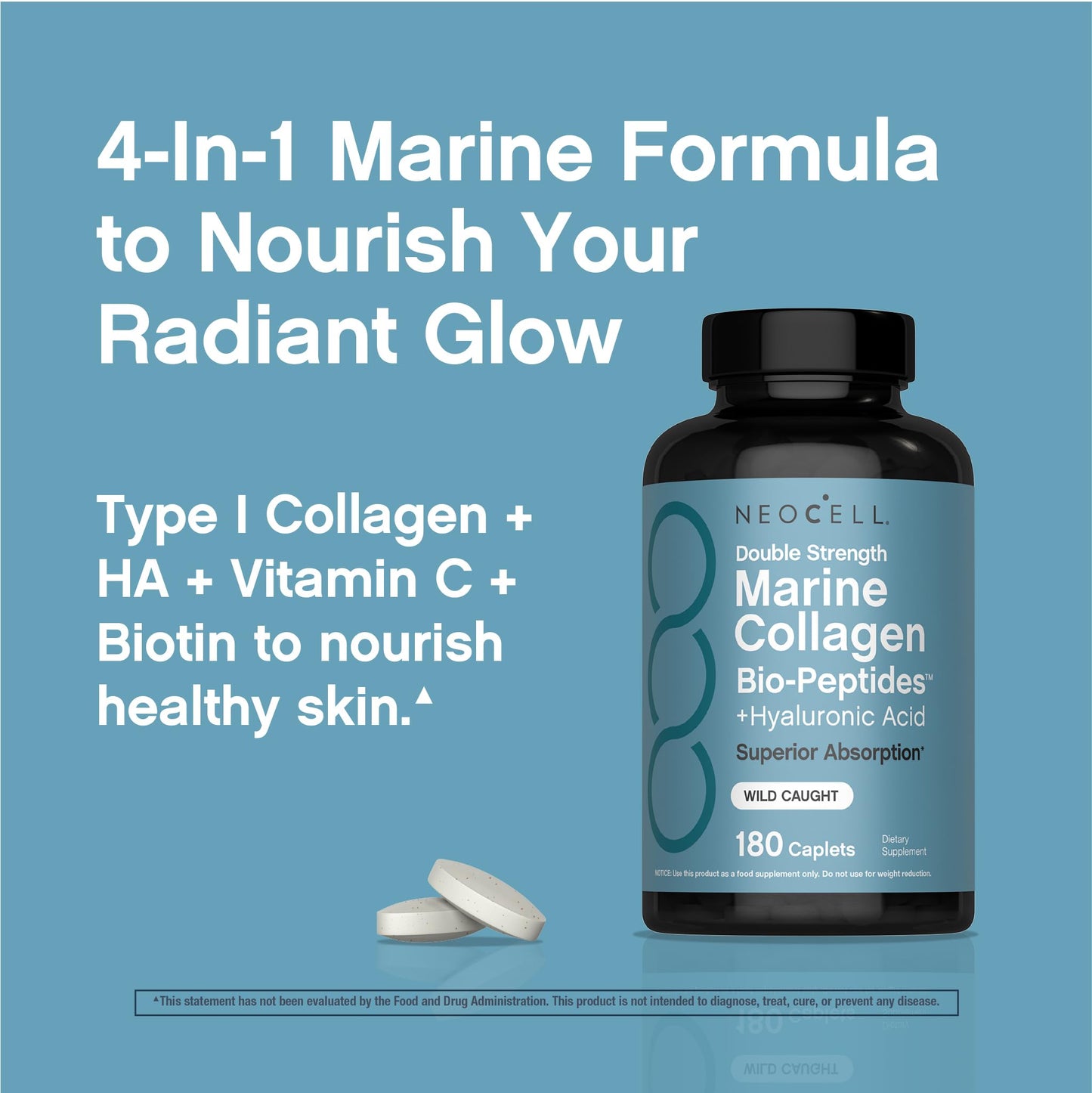 NeoCell Marine Collagen Peptides – 180 Caplets with Hyaluronic Acid