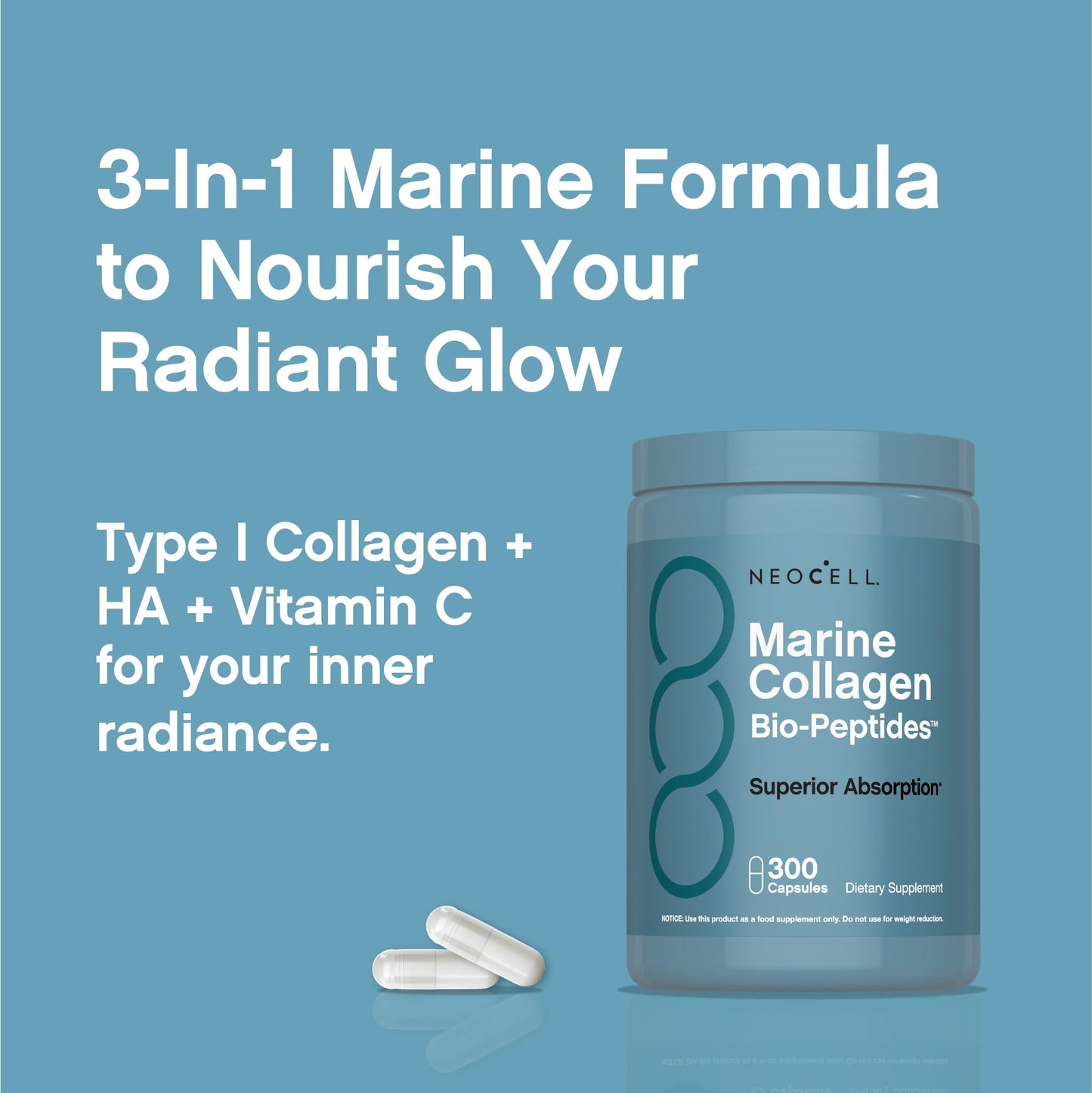 NeoCell Marine Collagen Peptides Capsules | 300 Pills | Hyaluronic Acid + Vitamin C