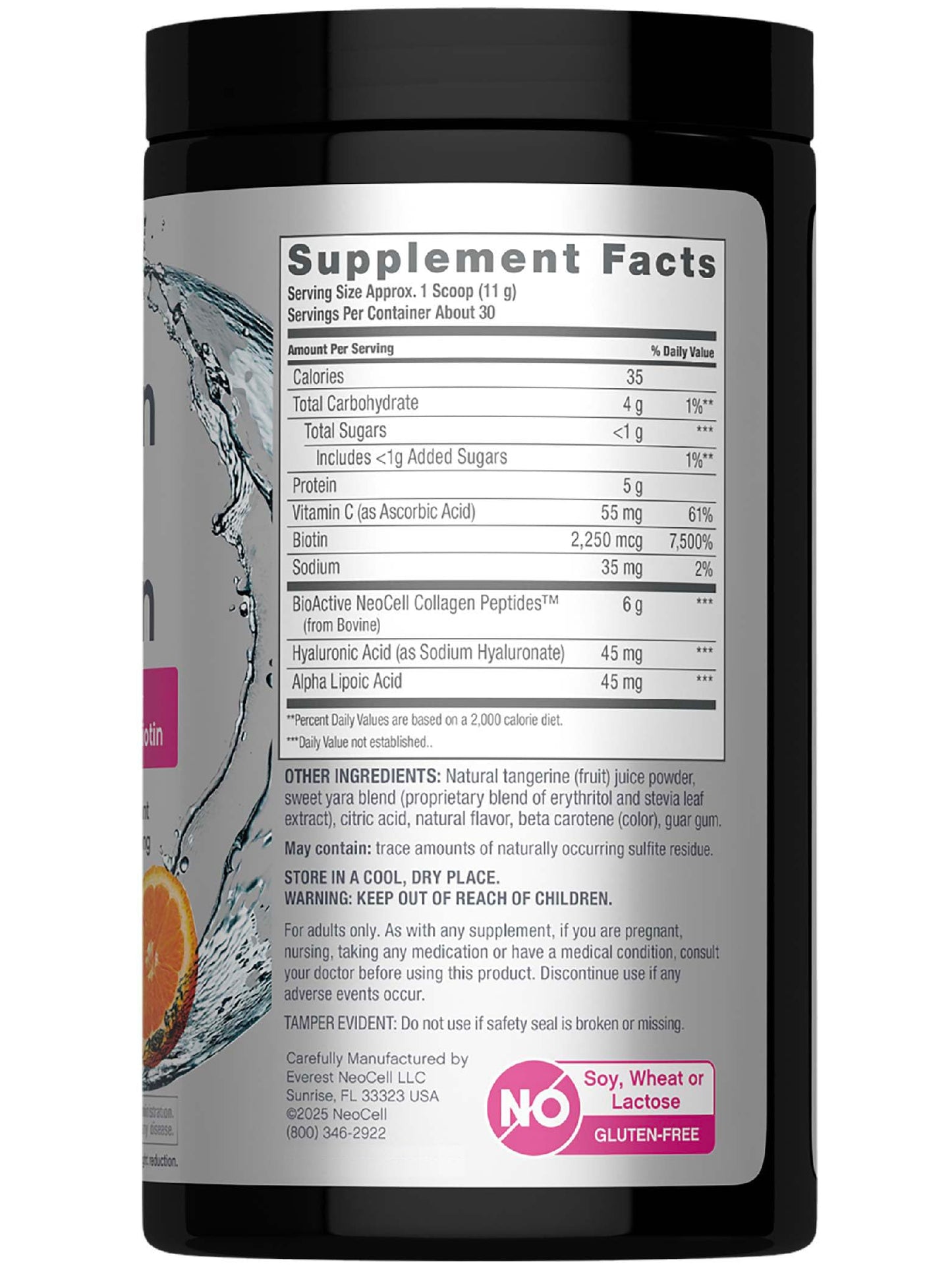 NeoCell Collagen Beauty Infusion Powder with Biotin, Vitamin C & Hyaluronic Acid – Collagen Type 1 & 3, Tangerine, Gluten Free, 11.64 oz
