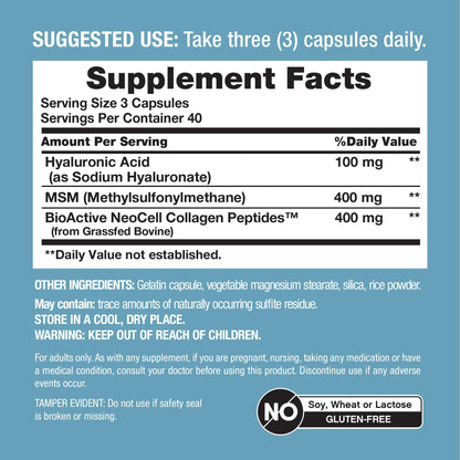 NeoCell Hyaluronic Acid Complex 900mg – 120 Capsules | BioActive Collagen Peptides & MSM