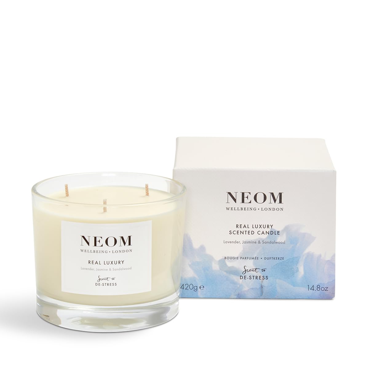 NEOM 3 Wick Candle – Lavender, Jasmine & Sandalwood | Luxury Aromatherapy & De-Stress Scent