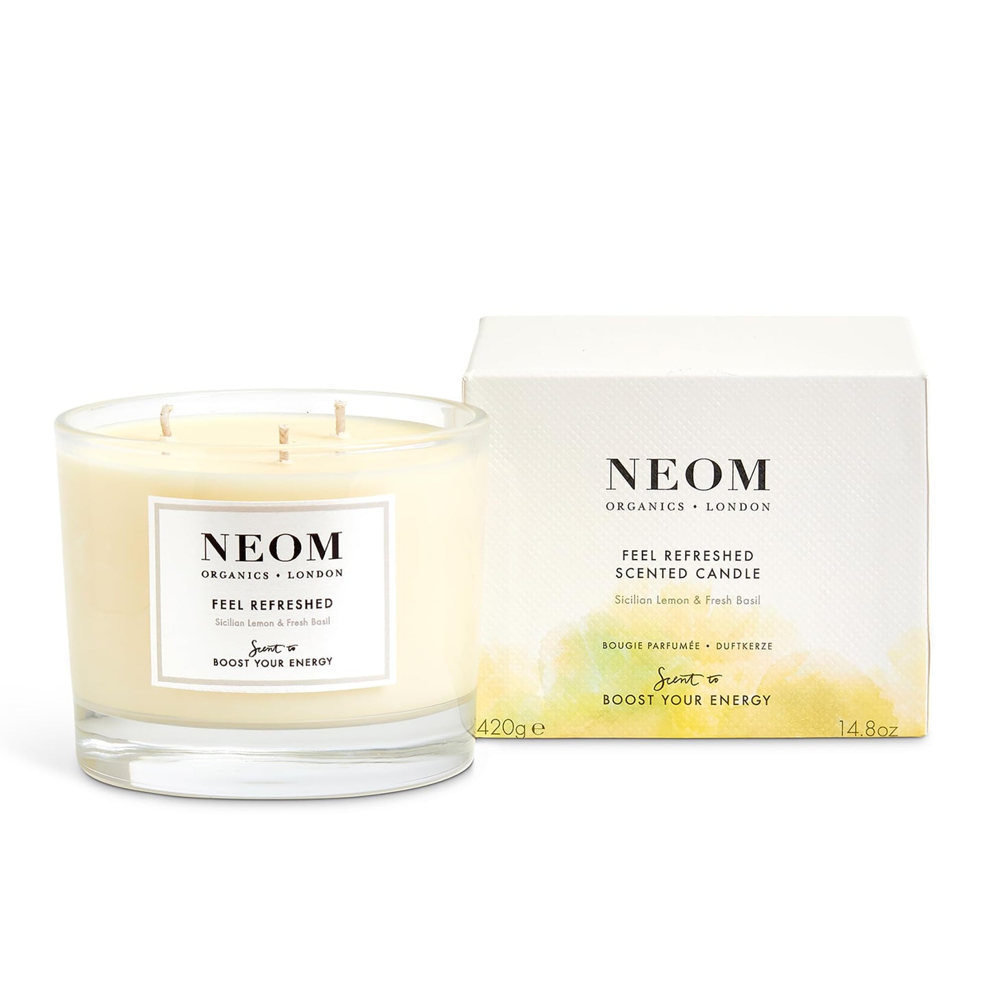 NEOM Feel Refreshed 3 Wick Candle - Lemon & Basil | Essential Oil Aromatherapy