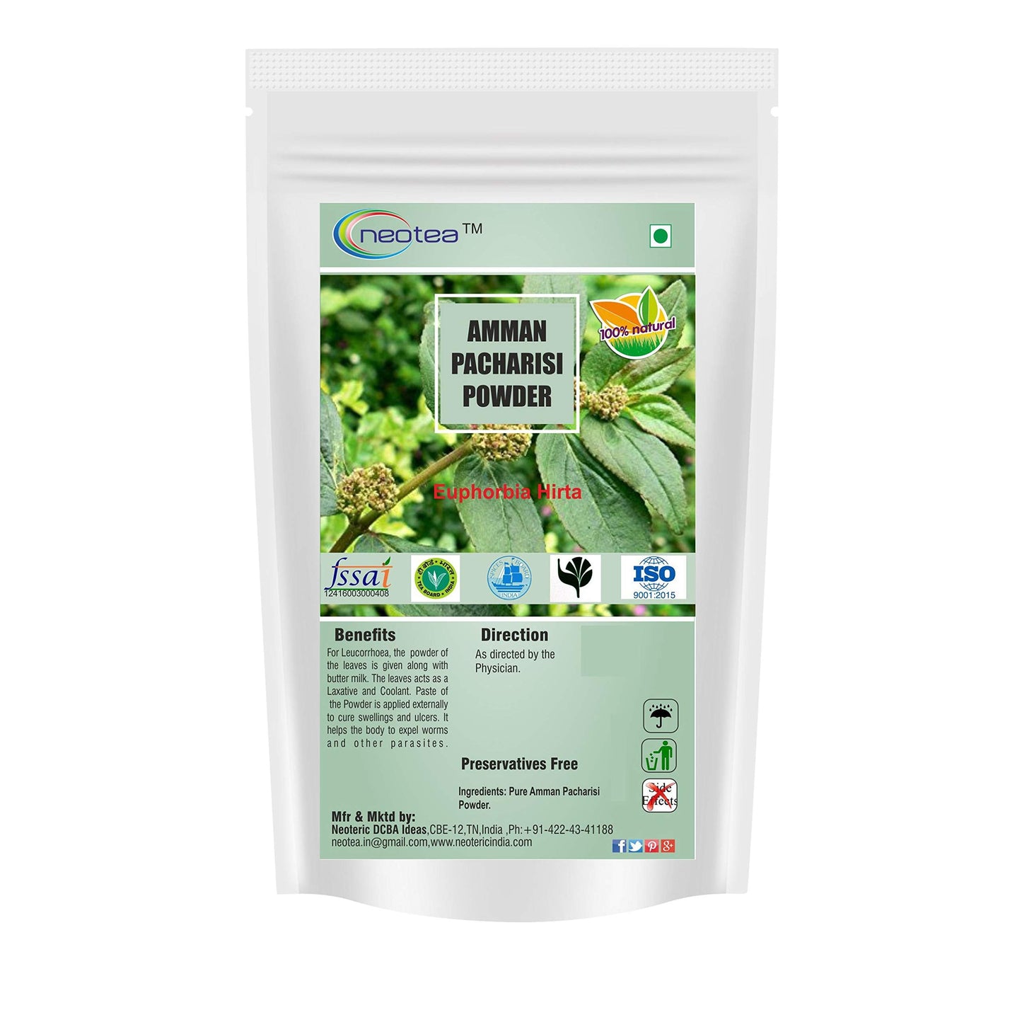 neotea Organic Euphorbia Hirta Powder | Amman Pacharisi | 300 GM (10.58 OZ) Pack of 1 | Premium Quality Herbal Supplement | 100% Pure and Natural | Boosts Immunity