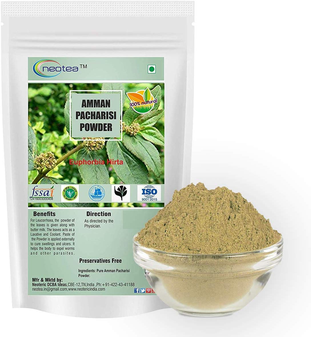 neotea Organic Euphorbia Hirta Powder | Amman Pacharisi | 300 GM (10.58 OZ) Pack of 1 | Premium Quality Herbal Supplement | 100% Pure and Natural | Boosts Immunity