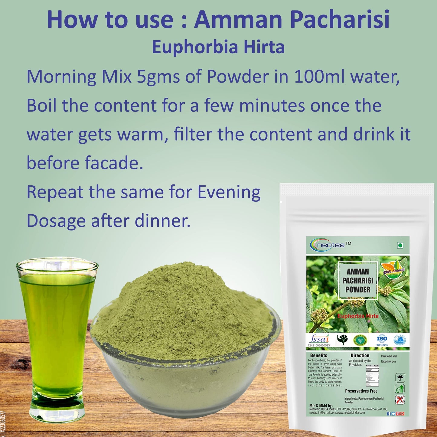neotea Organic Euphorbia Hirta Powder | Amman Pacharisi | 300 GM (10.58 OZ) Pack of 1 | Premium Quality Herbal Supplement | 100% Pure and Natural | Boosts Immunity