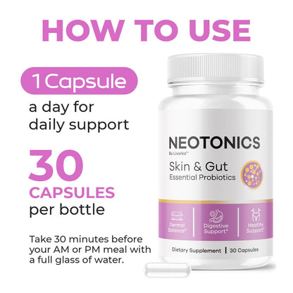 Neotonics Capsules – Official Skin & Gut Probiotics, 30-Capsule 1-Month Formula