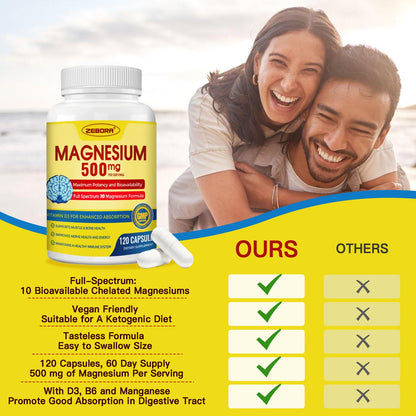 10-in-1 Magnesium Complex 500mg Glycinate, Citrate & Malate - Vitamin D3 & Zinc - 120 Capsules