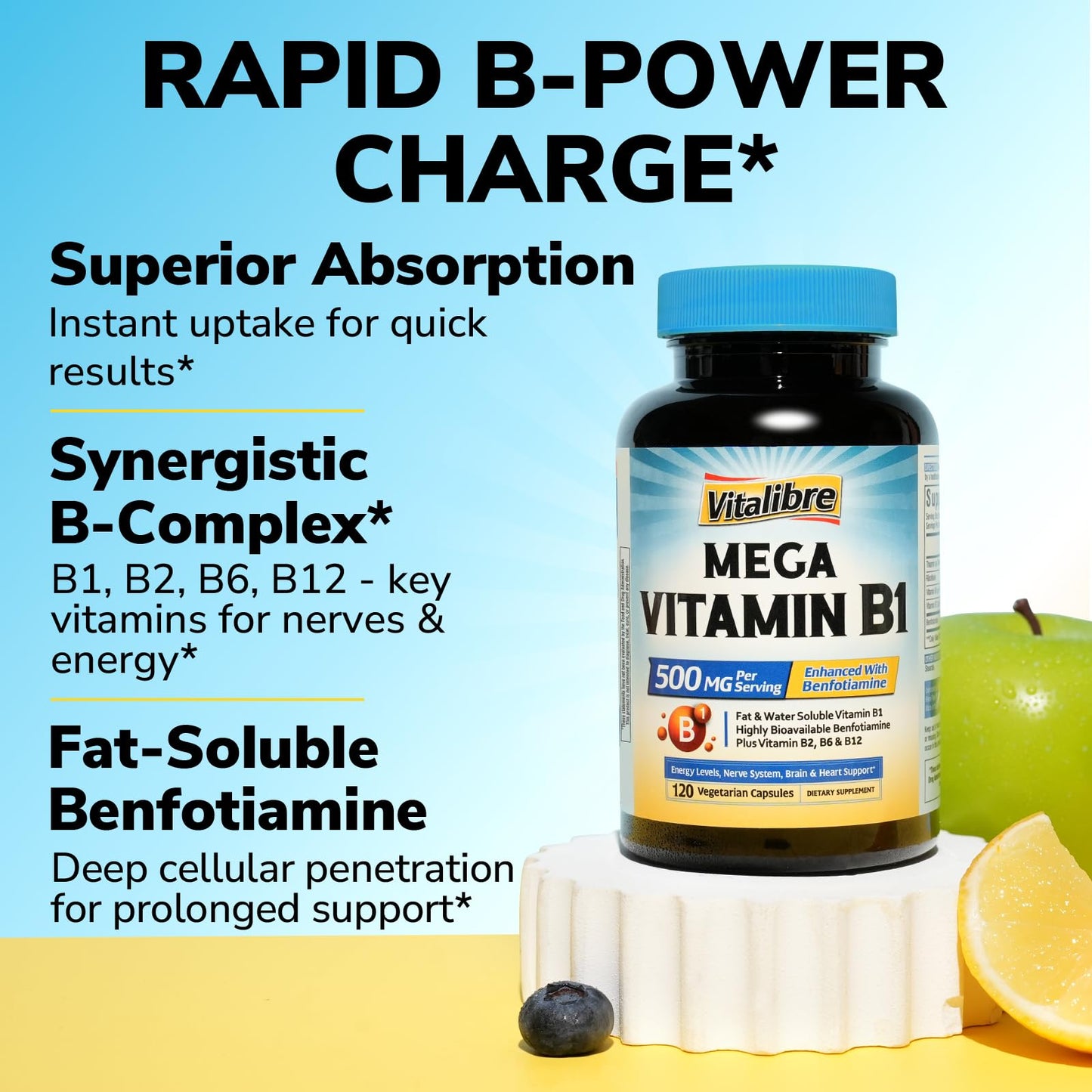 Mega Vitamin B1 500 mg with Benfotiamine – Vegan B-Complex (B1/B2/B6/B12) 120 Capsules