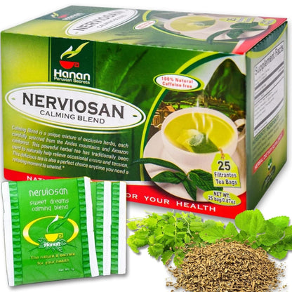 Nerviosan Calming Herbal Tea with Valerian Root, Lemon Balm & Burnet - 25 Bags - Peru