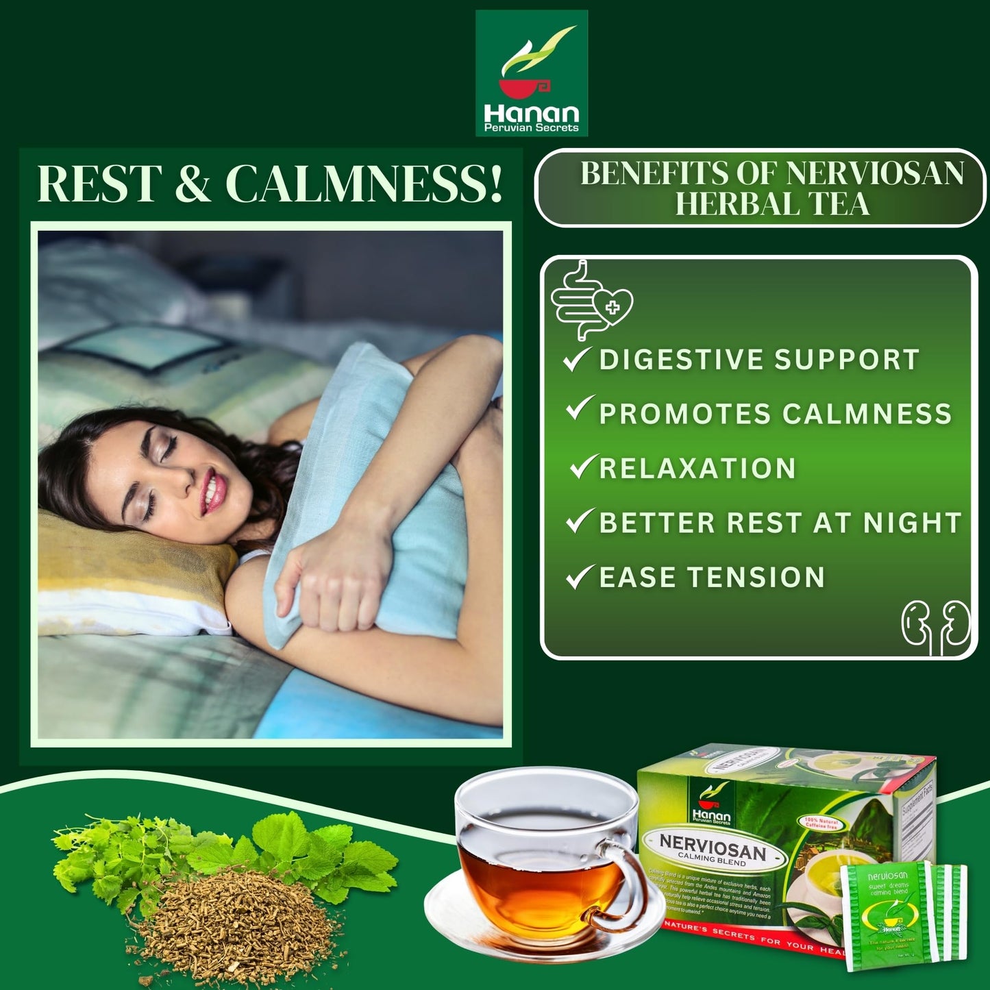 Nerviosan Calming Herbal Tea with Valerian Root, Lemon Balm & Burnet - 25 Bags - Peru