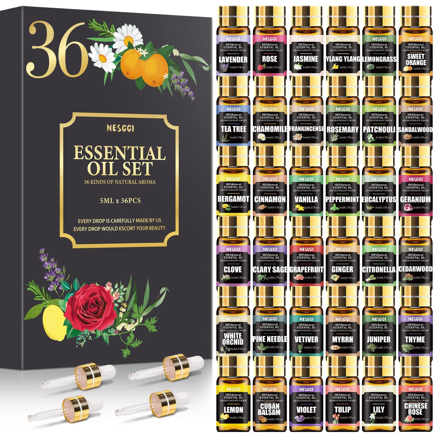 NESCCI Essential Oil Set - 36 x 5ml Essential Oils Gift Set for Diffusers, Candles and DIY