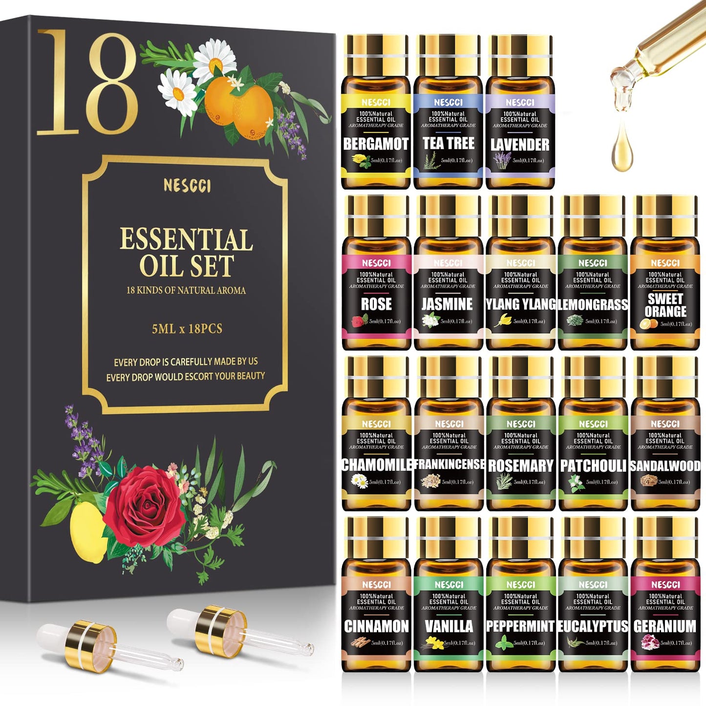 NESCCI Essential Oil Gift Set – 18x5ml for Diffusers, Candles & Holidays