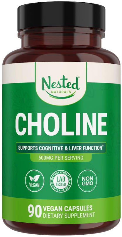 Nested Naturals Choline Bitartrate 500mg - High Potency Choline Supplements - Supports Cognitive Performance & Liver Function - 100% Vegan & Non-GMO Choline - 90 Vegan Capsules