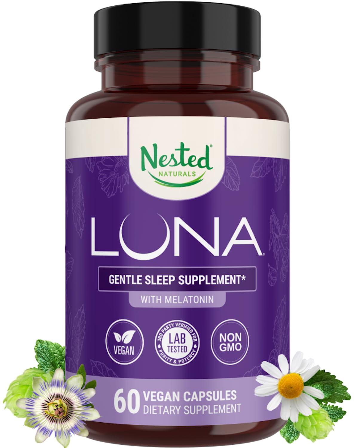 Nested Naturals Luna Sleep Aid - Non-Habit Forming Sleep Support with Valerian, Melatonin, Chamomile & More - 60 Vegan Capsules