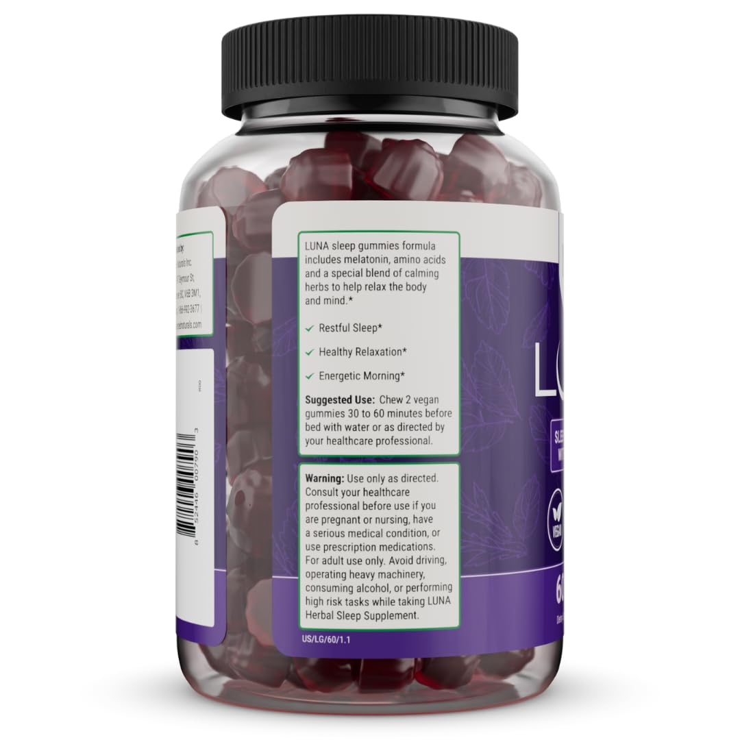 Nested Naturals Luna Sleep Gummies – Melatonin 3mg, L-Theanine, Valerian, GABA (60 Vegan Gummies)