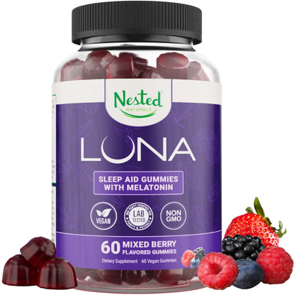 Nested Naturals Luna Sleep Gummies – Melatonin 3mg, L-Theanine, Valerian, GABA (60 Vegan Gummies)