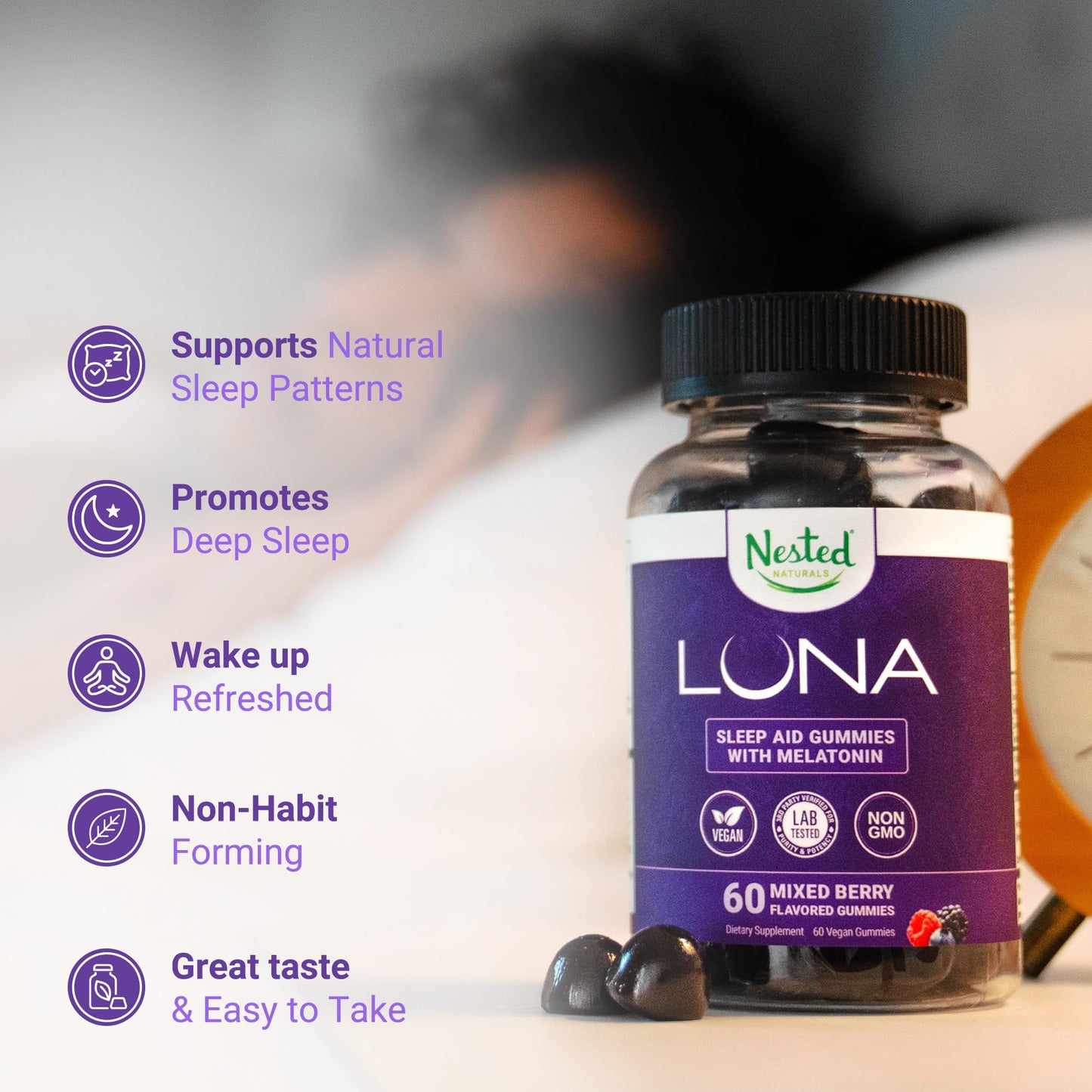 Nested Naturals Luna Sleep Gummies – Melatonin 3mg, L-Theanine, Valerian, GABA (60 Vegan Gummies)