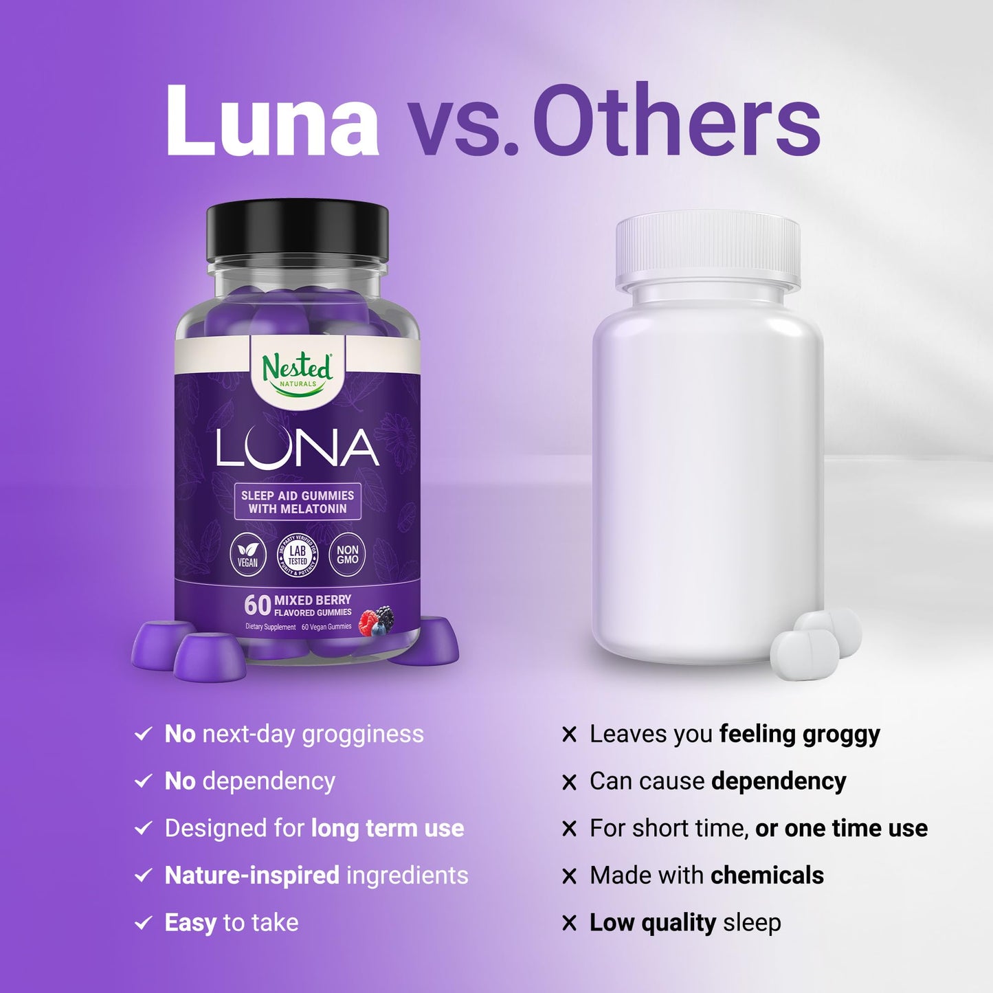 Nested Naturals Luna Sleep Gummies – Melatonin 3mg, L-Theanine, Valerian, GABA (60 Vegan Gummies)