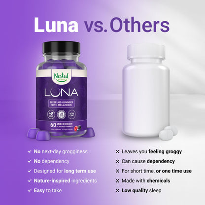 Nested Naturals Luna Sleep Gummies – Melatonin 3mg, L-Theanine, Valerian, GABA (60 Vegan Gummies)