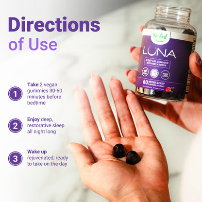 Nested Naturals Luna Sleep Gummies – Melatonin 3mg, L-Theanine, Valerian, GABA (60 Vegan Gummies)