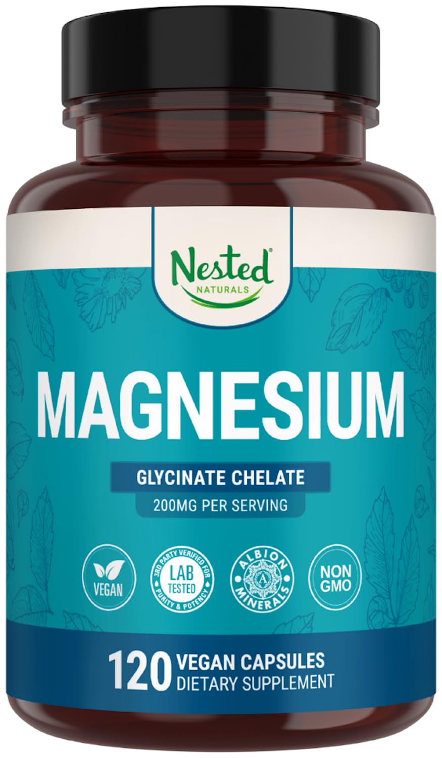 Nested Naturals Magnesium Glycinate Chelate 200mg | Sleep, Relaxation & Muscle Support | 120 Vegan Capsules