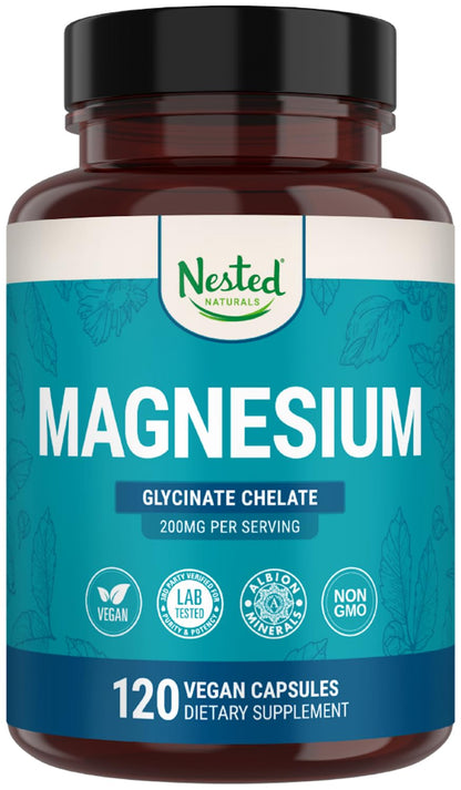 Nested Naturals Magnesium Glycinate Chelate 200mg | Sleep, Relaxation & Muscle Support | 120 Vegan Capsules