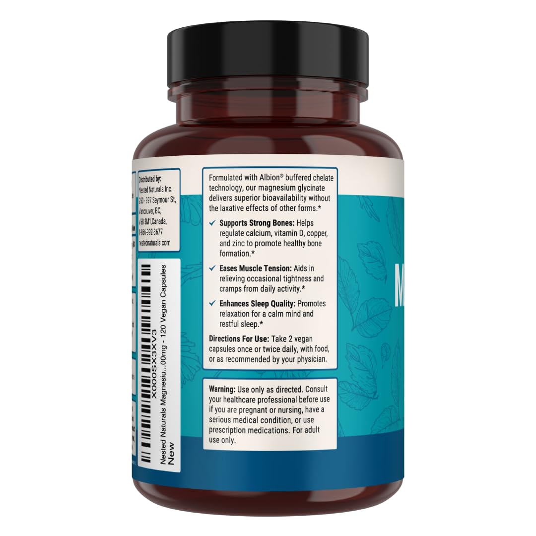 Nested Naturals Magnesium Glycinate Chelate 200mg | Sleep, Relaxation & Muscle Support | 120 Vegan Capsules