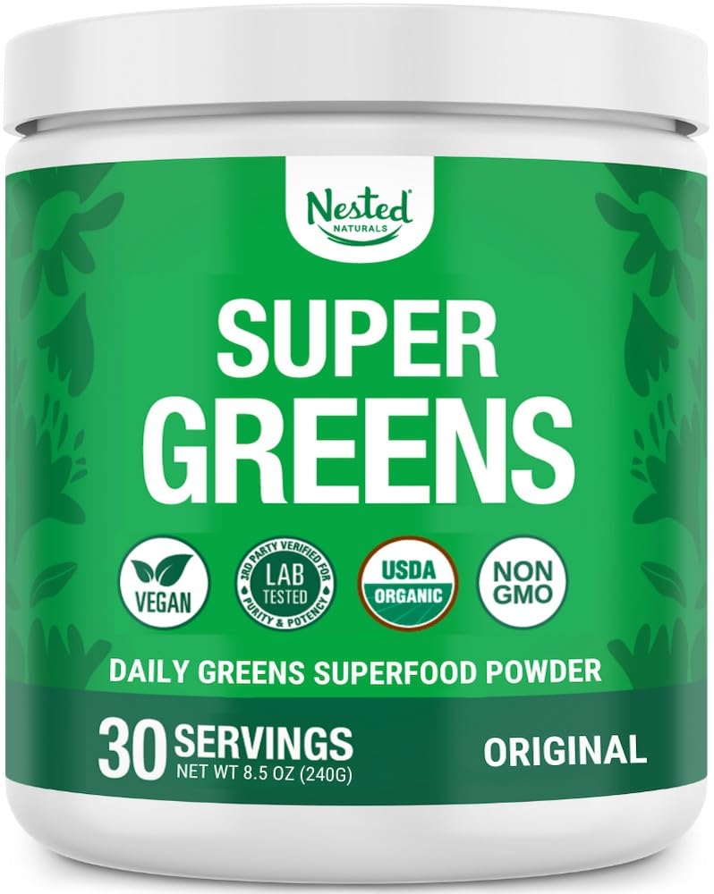 Nested Naturals Super Greens Daily Powder – USDA Organic Greens, Probiotics & Fiber, 30 Servings