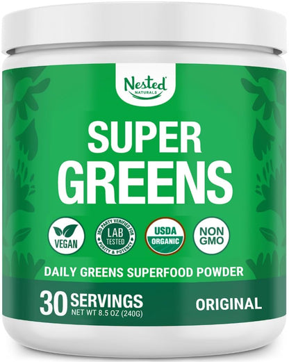 Nested Naturals Super Greens Daily Powder – USDA Organic Greens, Probiotics & Fiber, 30 Servings