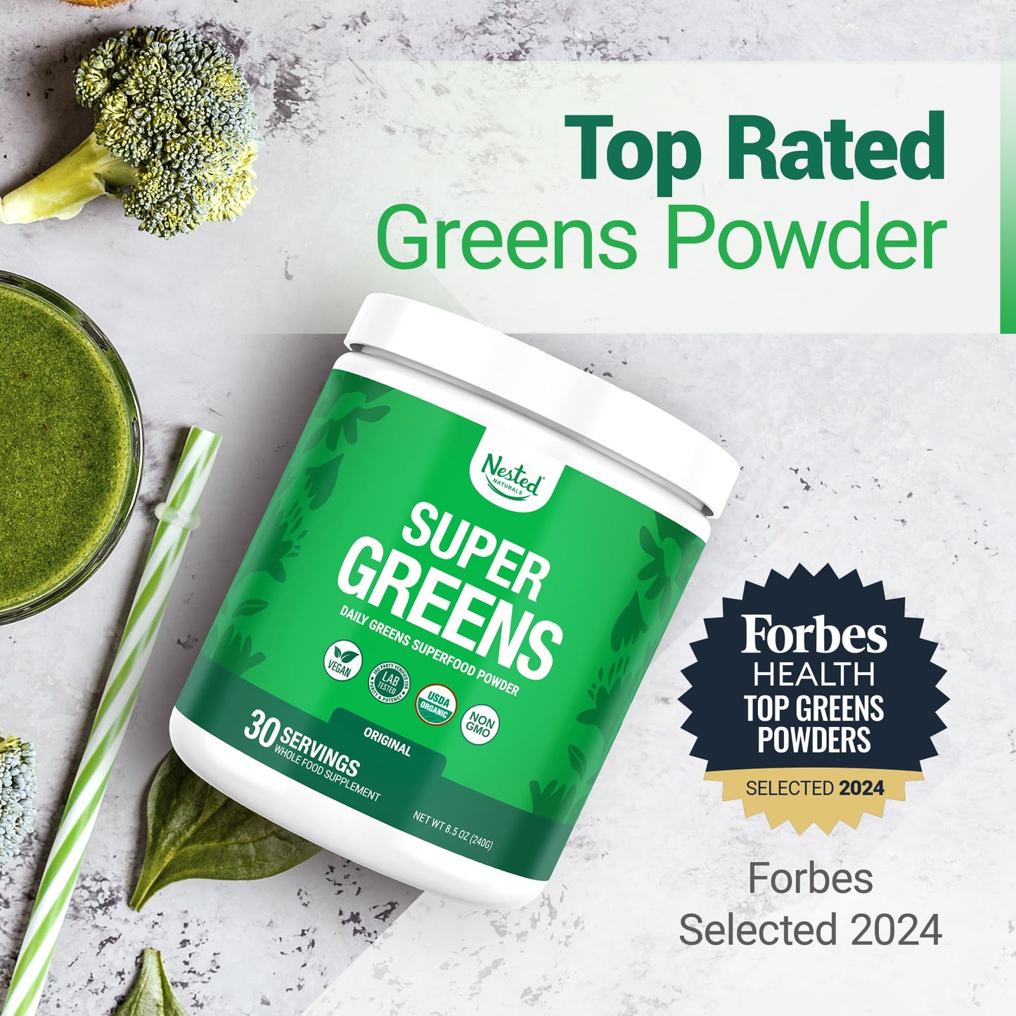 Nested Naturals Super Greens Daily Powder – USDA Organic Greens, Probiotics & Fiber, 30 Servings