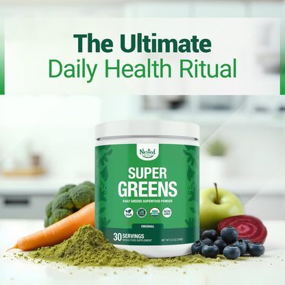 Nested Naturals Super Greens Daily Powder – USDA Organic Greens, Probiotics & Fiber, 30 Servings
