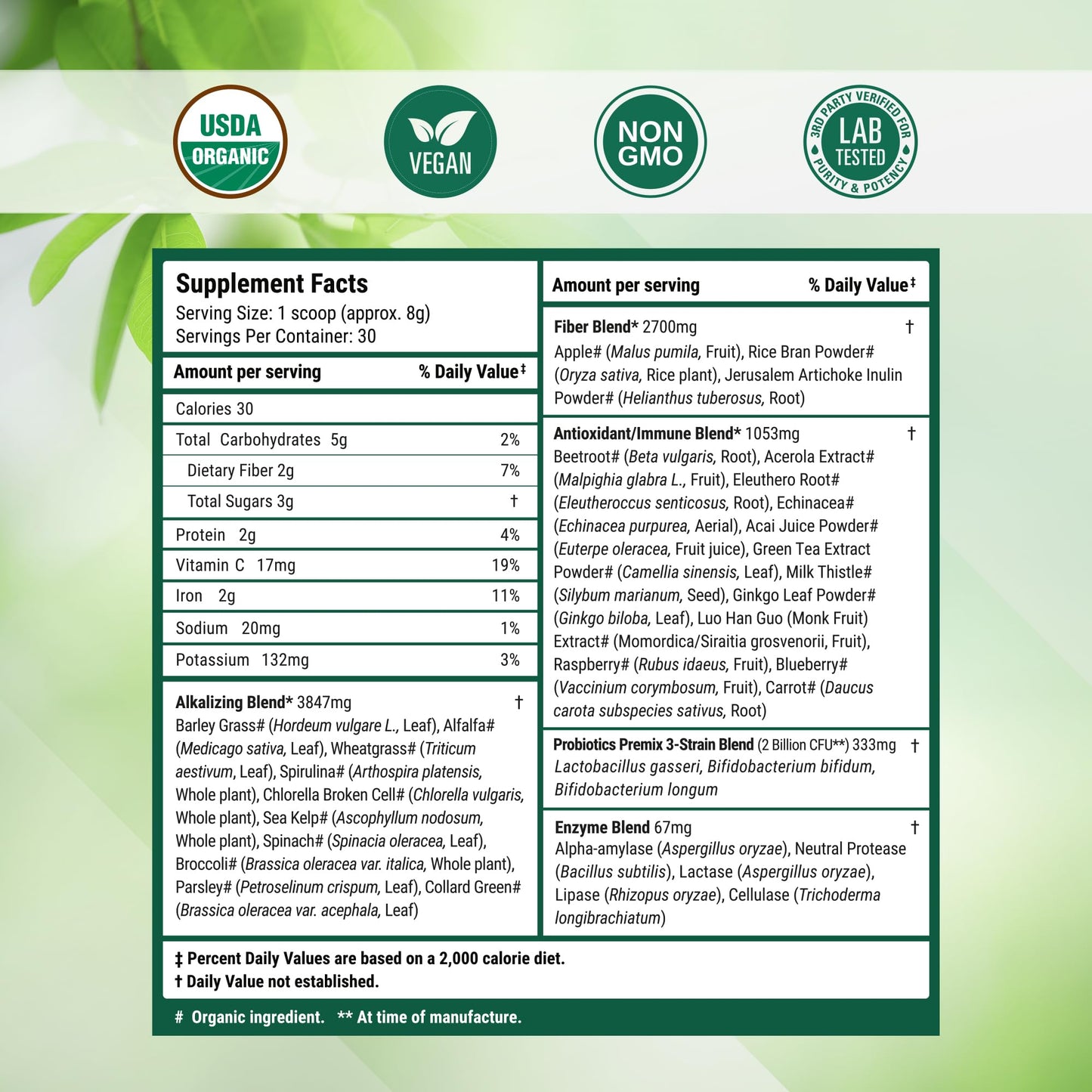 Nested Naturals Super Greens Daily Powder – USDA Organic Greens, Probiotics & Fiber, 30 Servings