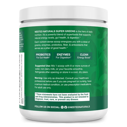 Nested Naturals Super Greens Daily Powder – USDA Organic Greens, Probiotics & Fiber, 30 Servings