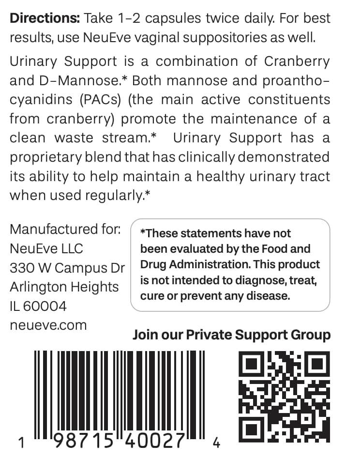 NeuEve Urinary Support Cranberry and D Mannose Supplements for Urinary Health Defense, All-Natural Ingredients | 90 Vegan Capsules