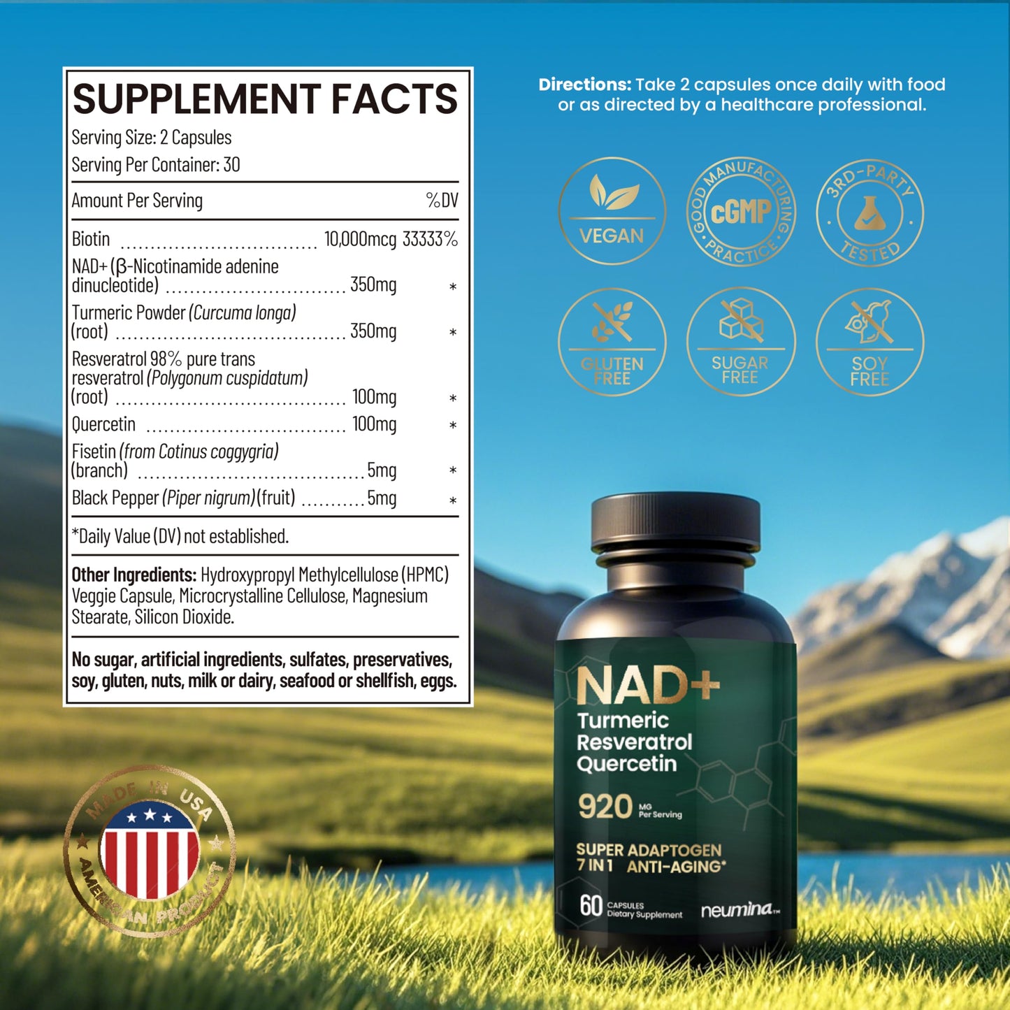 NEUMINA NAD+ 60 Capsules – 7-in-1 Anti-Aging NAD+ Complex – Made in USA