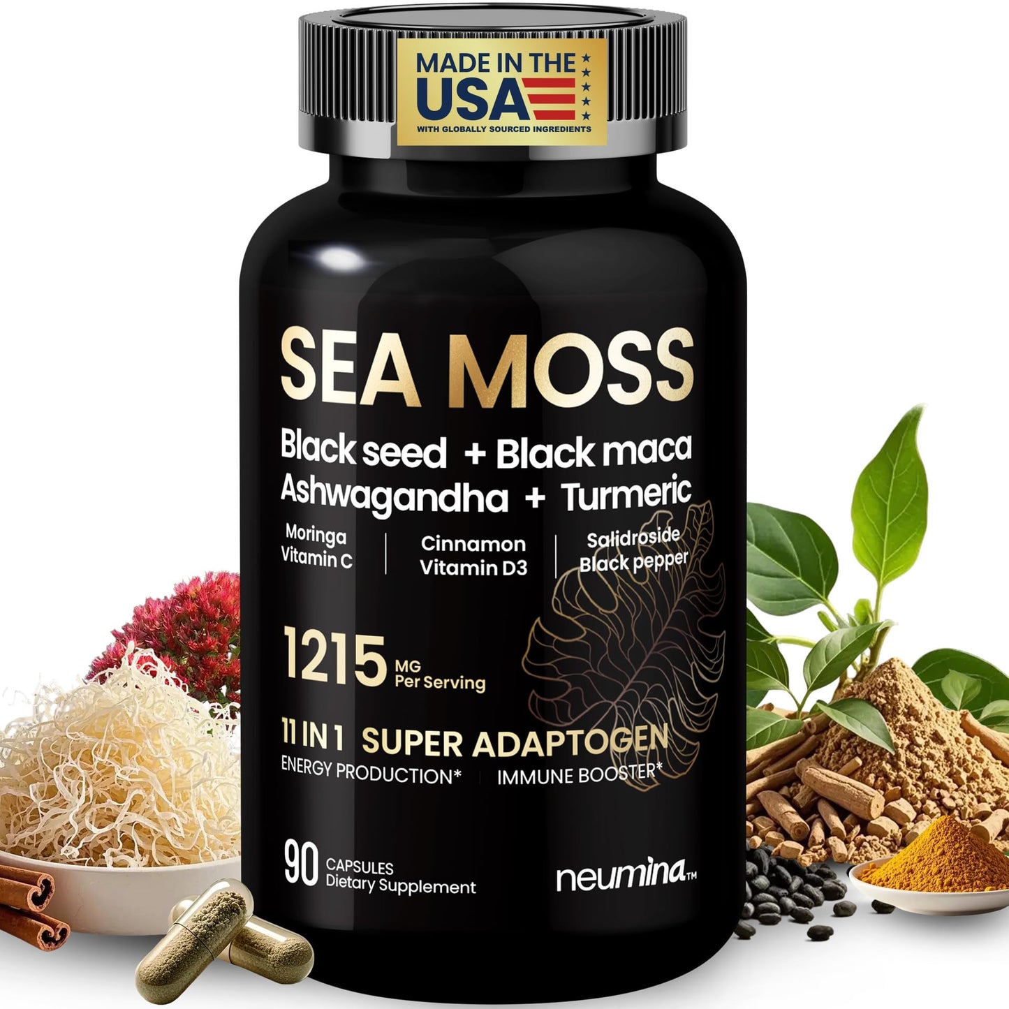 NEUMINA 1215mg Sea Moss Capsules - 90 Count | USA Made, Vegan Adaptogens