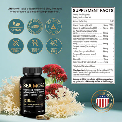 NEUMINA 1215mg Sea Moss Capsules - 90 Count | USA Made, Vegan Adaptogens