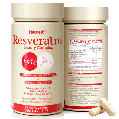 NEUNEST 98% Trans-Resveratrol Supplement for Skin Glow – Collagen, Hyaluronic Acid, Quercetin | 60 Capsules