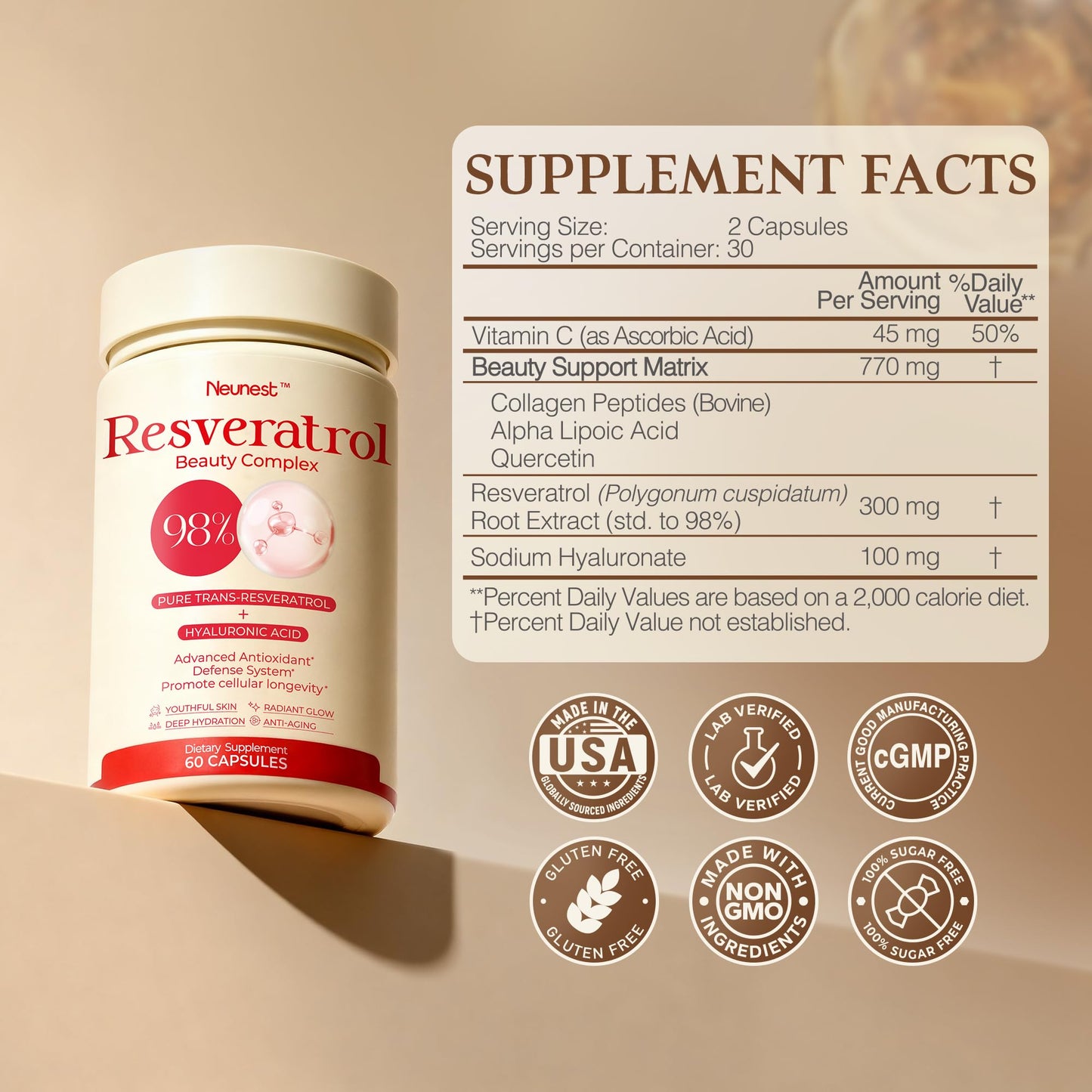 NEUNEST 98% Trans-Resveratrol Supplement for Skin Glow – Collagen, Hyaluronic Acid, Quercetin | 60 Capsules