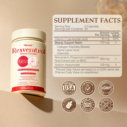 NEUNEST 98% Trans-Resveratrol Supplement for Skin Glow – Collagen, Hyaluronic Acid, Quercetin | 60 Capsules