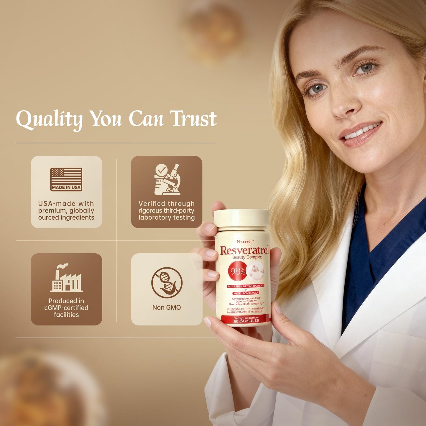 NEUNEST 98% Trans-Resveratrol Supplement for Skin Glow – Collagen, Hyaluronic Acid, Quercetin | 60 Capsules