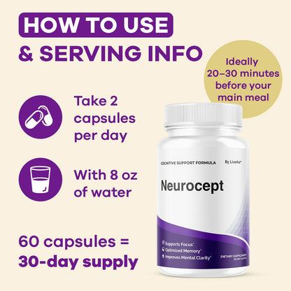Neurocept Brain Supplement Capsules – Official Brain & Memory Focus Support, 60 Capsules (1 Month)
