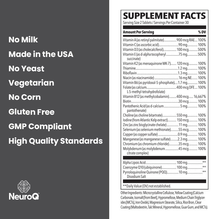 NeuroQ Daily Essentials Multivitamin – High-Potency Brain & Body Support (Choline 550 mg, PQQ, CoQ10, Alpha Lipoic Acid) – 60 Tablets