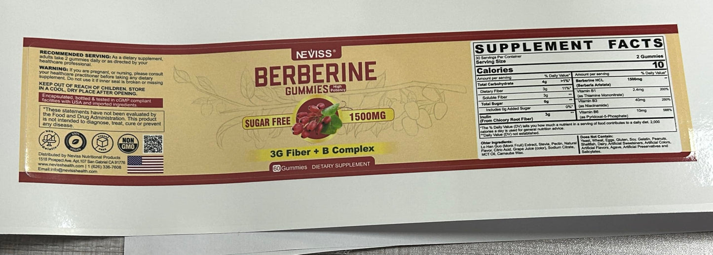 NEVISS Berberine Supplement 1500mg – Vegan, Non-GMO Gummies