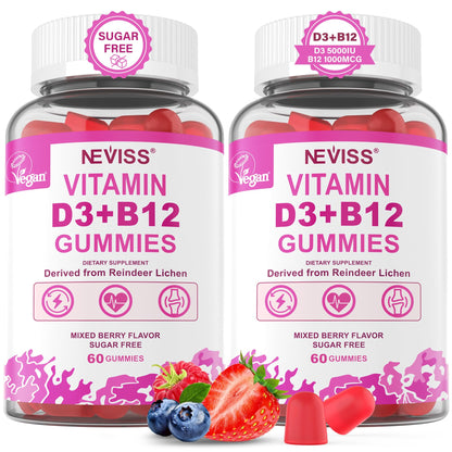 NEVISS Vegan Vitamin D3 + B12 Gummies (2Pack) – 5000 IU D3 & 1000 mcg B12, 120 Count
